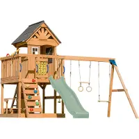 Axi Jack Aire De Jeux En Bois Avec 2 Balançoires, Toboggan Vert Pastel / Extérieur, Bac À Sable, Trapèze/Mur D'Escalade | Portique