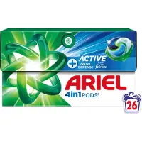 Ariel PODS 4en1 +Active, Lessive en Capsule, 26 Lavages, Élimine Même les Tâches Incrustées Depuis 7 Jours, Dissolution Rapide Même à Froid, Fabriqué en France