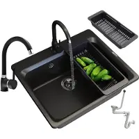 Granitan | Évier en granit ZANTE - Noir - avec siphon chromé et mitigeur de cuisine - Ensemble best-seller