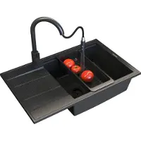 Granitan | Évier en granit Louis - Noir moucheté - À encastrer avec accessoires - Haut de gamme et durable