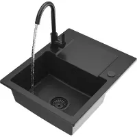Granitan | Évier en granit Fabro - Noir - avec égouttoir et robinet de cuisine - durable et élégant