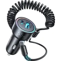 JOYROOM Chargeur de voiture 3-en-1, C+U avec câble spiralé Type-C 1,6 m, 72 W, Noir (JR-CL07)