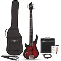 Gear4Music Pack Guitare Basse Chicago à 5 Cordes pour Gaucher + Ampli 15 W par Trans Red
