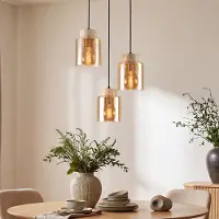 LumenXL Suspension 3 lumières Jawee avec travertin (pierre naturelle) et verre ambré