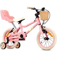 Sun baby Vélo pour enfants LOOFI 14 pouces, vélo léger en aluminium de 6,6 kg pour les enfants à partir de 3 ans, avec roues stabilisatrices, panier, sonnette et siège pour poupée, pour filles