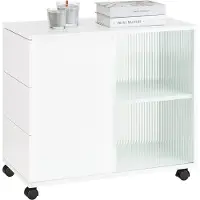 SoBuy Armoire Rangement Mobile 3 Tiroirs 2 Portes Verre Blanc