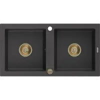 Mexen Mario évier 2 cuves en granit 820 x 436 mm, noir tacheté, siphon doré - 6504822000-76-G