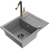 Mexen Enzo Évier en granit 1 bac avec égouttoir et mitigeur Flora, Gris - 6506-71-670401-57-B