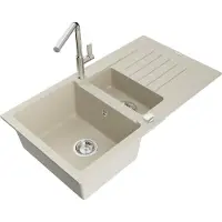 Mexen Matias évier en granit 1,5 bol avec égouttoir et mélangeur Flora, Beige - 6502-69-670401-00