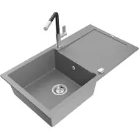 Mexen Leo évier 1 bac en granit avec égouttoir et mitigeur Flora, Gris - 6501-71-670401-07