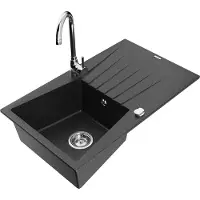 Mexen Evier en granit Cesar 1 bac avec égouttoir et mitigeur Telma, Noir/Argent - 6514-73-670200-00