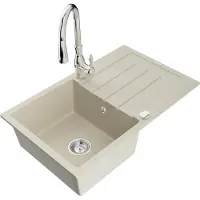 Mexen Bruno Évier en granit 1 bac avec égouttoir et mélangeur Savita, Beige - 6513-69-672601-00