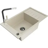 Mexen Elias évier 1 bac en granit avec égouttoir et mitigeur Flora, Beige - 6511-69-670401-07