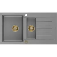 Mexen Matias évier en granit 1,5 bac avec égouttoir 900 x 505 mm, Gris, siphon Or - 6502901505-71-G