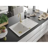 Mexen Bruno Evier 1 cuve en granit avec égouttoir 795 x 495 mm, blanc, siphon Gold - 6513791010-20-G