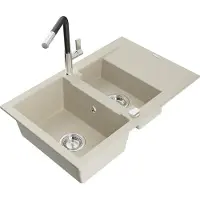 Mexen Gaspar évier en granit 1,5 bol avec égouttoir et mitigeur Flora, Beige - 6507-69-670401-07