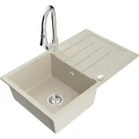 Mexen Bruno Évier en granit 1 bac avec égouttoir et mélangeur Elia, Beige - 6513-69-670101-00