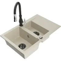Mexen Gaspar évier en granit 1,5 bol avec égouttoir et mélangeur Savita, Beige - 6507-69-672601-70