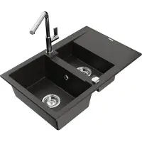 Mexen Gaspar évier en granit 1,5 bac avec égouttoir et mélangeur Flora, noir/or métallisé - 6507-75-670401-00