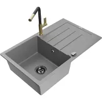 Mexen Bruno Évier en granit 1 bac avec égouttoir et mitigeur Flora, Gris - 6513-71-670401-57-B
