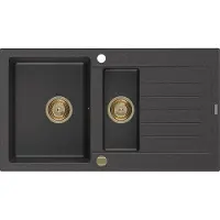 Mexen Matias évier en granit 1,5 bac avec égouttoir 900 x 505 mm, noir moucheté, siphon or - 6502901505-76-G
