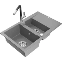 Mexen Gaspar évier en granit 1,5 bac avec égouttoir et mitigeur Flora, Gris - 6507-71-670401-07