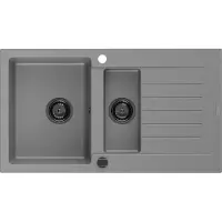 Mexen Matias évier en granit 1,5 bac avec égouttoir 900 x 505 mm, Gris, siphon Noir - 6502901505-71-B