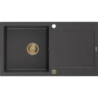 Mexen Leo évier 1 bac en granit avec égouttoir 900 x 500 mm, noir tacheté, siphon doré - 6501901010-76-G