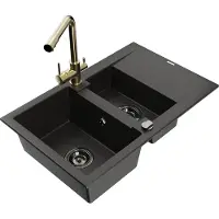 Mexen Gaspar évier en granit 1,5 bac avec égouttoir et mélangeur Duero, Noir/Or - 6507-75-671600-50-B