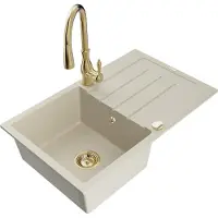 Mexen Bruno Évier en granit 1 bac avec égouttoir et mélangeur Savita, Beige - 6513-69-672601-50