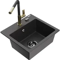 Mexen Évier 1 bac en granit Milo avec mitigeur Flora, noir moucheté (6505-76-670401-57-B)