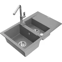 Mexen Gaspar évier en granit 1,5 bac avec égouttoir et mélangeur Flora, Gris - 6507-71-670401-00