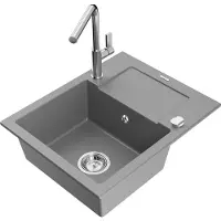 Mexen Enzo Évier en granit 1 bac avec égouttoir et mitigeur Flora, Gris - 6506-71-670401-00