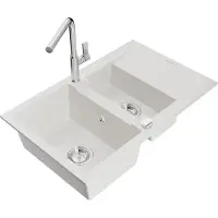 Mexen Gaspar évier en granit 1,5 bac avec égouttoir et mélangeur Flora, blanc - 6507-20-670401-00