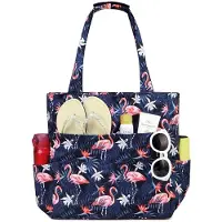 Unyqoos Sac de plage pour femmes en polyester – 35,5 x 13 x 38 cm, 17,53 L, 8 poches, fermeture éclair, coutures renforcées, motif tropical de feuilles de palmier