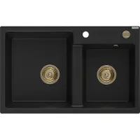 Mexen Tomas évier 2 cuves en granit 800 x 500 mm, Noir, siphon Gold - 6516802000-77-G