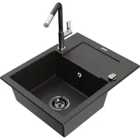 Mexen Enzo Évier en granit 1 bac avec égouttoir et mélangeur Flora, noir/or métallisé - 6506-75-670401-07-B