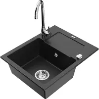 Mexen Enzo Évier en granit 1 bac avec égouttoir et mitigeur Telma, Noir/Argent - 6506-73-670200-00