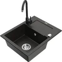 Mexen Enzo Évier en granit 1 bac avec égouttoir et mitigeur Telma, Noir/Or - 6506-75-670200-70