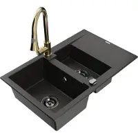 Mexen Gaspar évier en granit 1,5 bac avec égouttoir et mélangeur Elia, Noir/Or métal - 6507-75-670101-50-B