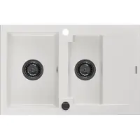 Mexen Gaspar Évier en granit 1,5 bol avec égouttoir 737 x 475 mm, blanc, siphon noir - 6507731505-20-B