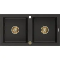 Mexen Mario évier 2 cuves en granit 820 x 436 mm, métal Noir/Or, siphon Or - 6504822000-75-G