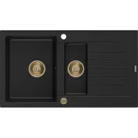 Mexen Matias évier en granit 1,5 bac avec égouttoir 900 x 505 mm, noir, siphon Gold - 6502901505-77-G