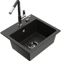 Mexen Évier 1 bac en granit Milo avec mitigeur Flora, noir/or métallique (6505-75-670401-07-B)