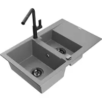 Mexen Gaspar évier en granit 1,5 bol avec égouttoir et mitigeur Flora, Gris - 6507-71-670401-70-B