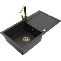 Mexen Leo évier en granit 1 bac avec égouttoir et mitigeur Rita, Noir/Argent métal - 6501-73-670300-50