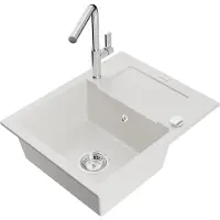 Mexen Enzo Évier en granit 1 bac avec égouttoir et mélangeur Flora, blanc - 6506-20-670401-00