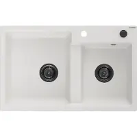 Mexen Tomas évier 2 cuves en granit 800 x 500 mm, blanc, siphon noir - 6516802000-20-B