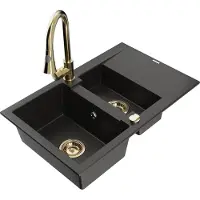 Mexen Gaspar évier en granit 1,5 bac avec égouttoir et mélangeur Elia, noir/or métallisé - 6507-75-670101-50