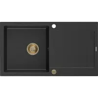 Mexen Leo Evier 1 bac en granit avec égouttoir 900 x 500 mm, Métal noir/argent, siphon Gold - 6501901010-73-G